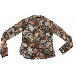 Dealmore Floral Mesh‎ Top Womens Medium Mock Neck Lettuce Edge Long Sleeve Black